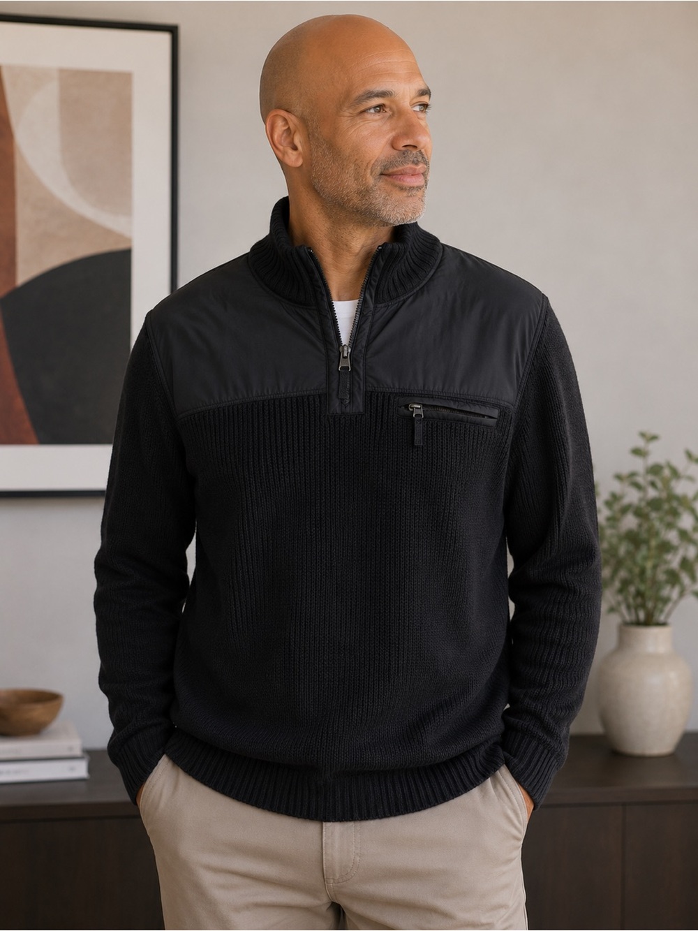 Kenneth Cole Reaction Black Half-Zip Textured Pullover